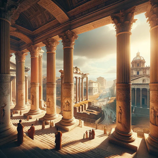 Iconic Roman Doric, Ionic, Corinthian, and Tuscan columns under bright skies in ancient Rome, in a style reminiscent of 1960s historical epics.