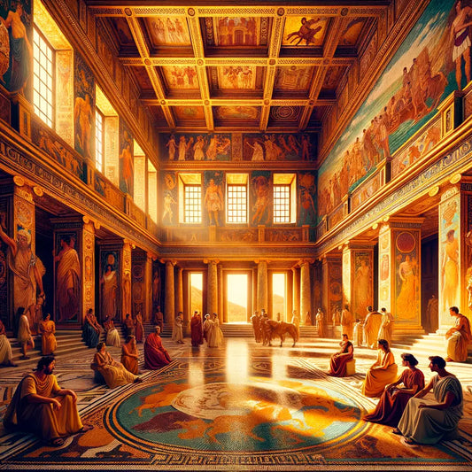 Interior of a grand Roman villa with colorful frescoes and intricate mosaics depicting Roman mythology, inspired by 1960s historical epic films.
