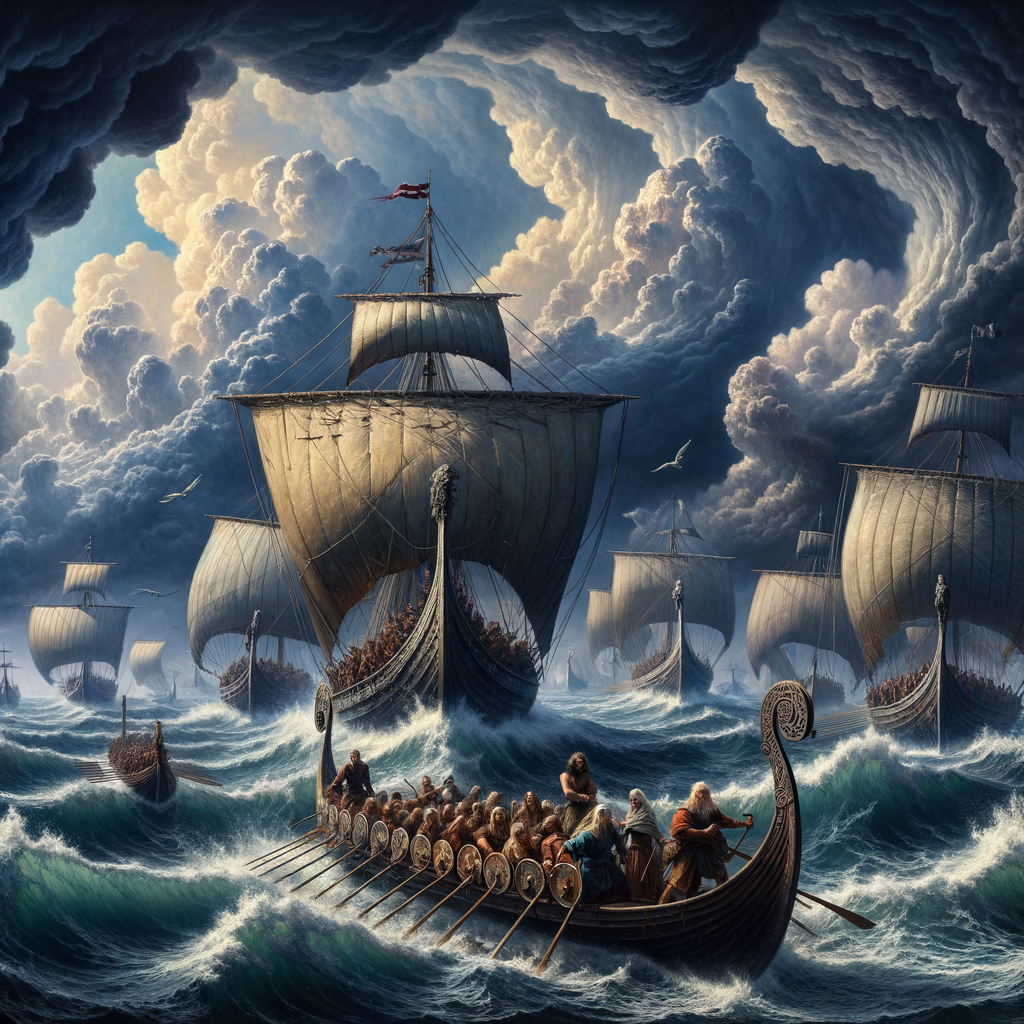 Viking longships under stormy skies on the Northern Sea, capturing the adventurous spirit of Norse seafarers in a cinematic 1960s historical epic style.