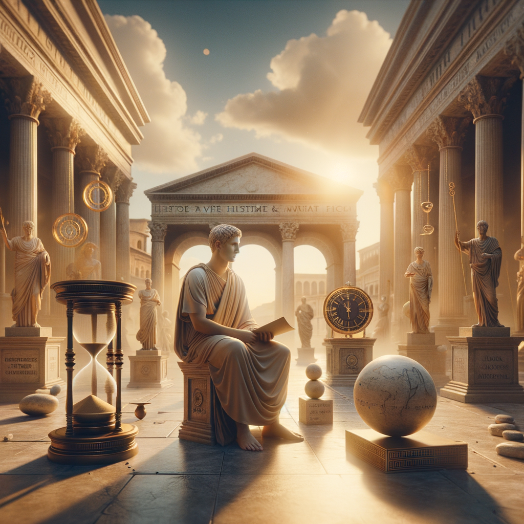 A classic thinker in a toga holding a scroll, surrounded by time and fate symbols in a serene Roman setting.