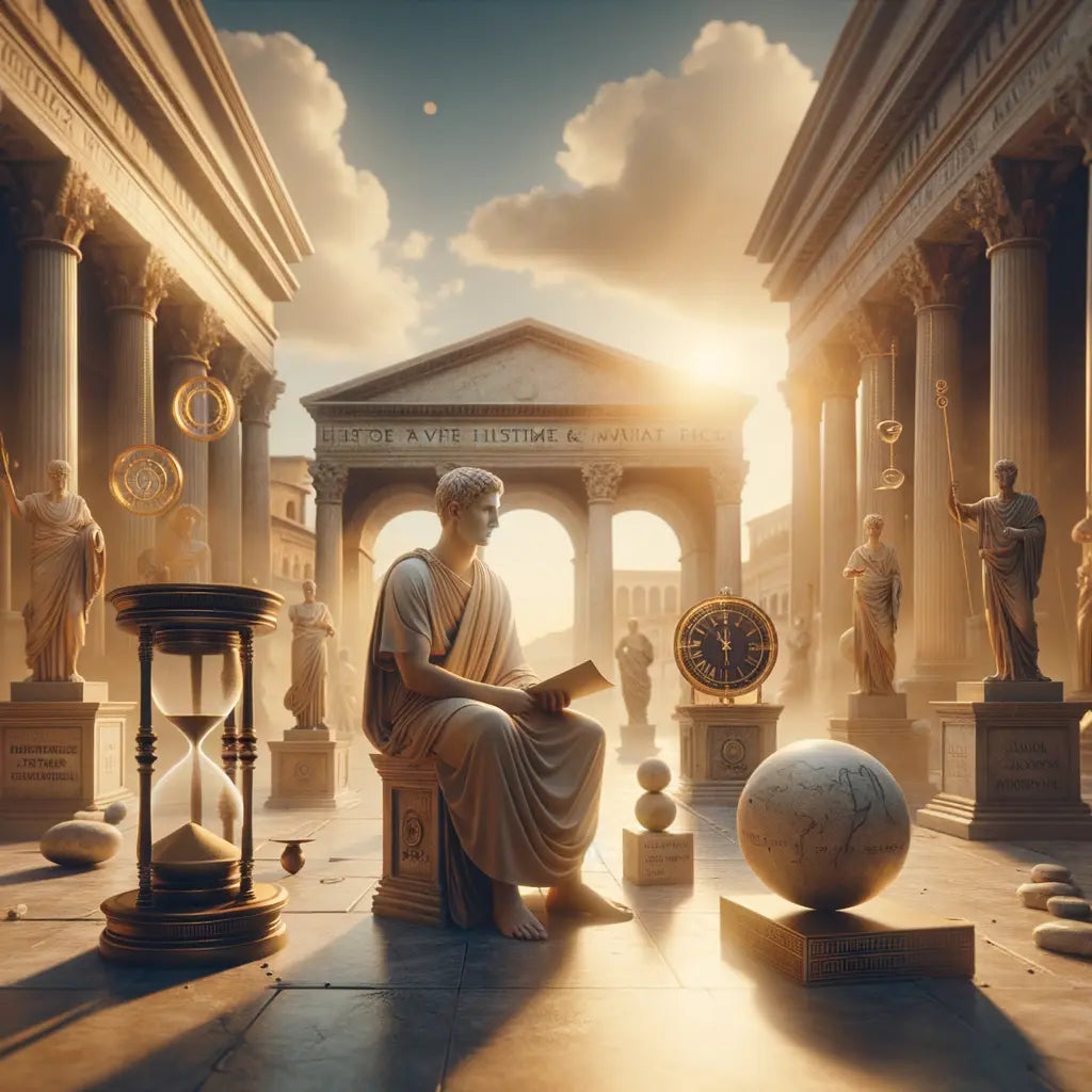 A classic thinker in a toga holding a scroll, surrounded by time and fate symbols in a serene Roman setting.