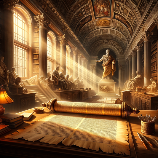 Illustrated Roman scroll depicting emperors Julius Caesar and Augustus, inspired by Suetonius' works in the style of classic 1960s historical films.