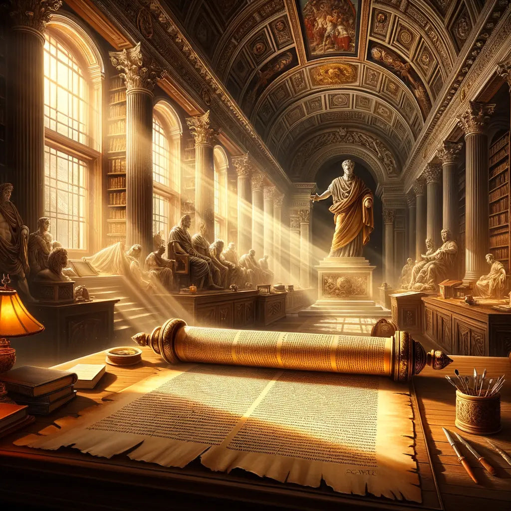 Illustrated Roman scroll depicting emperors Julius Caesar and Augustus, inspired by Suetonius' works in the style of classic 1960s historical films.