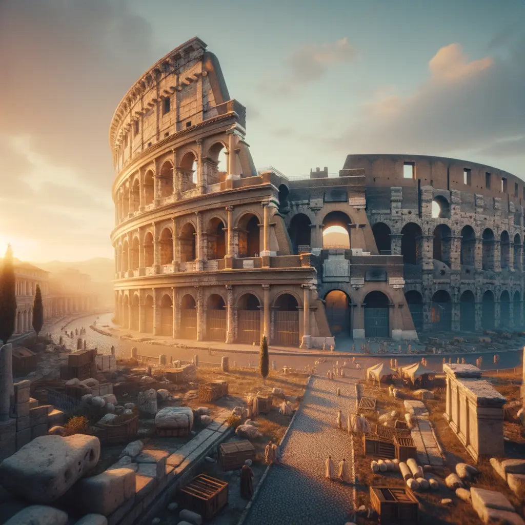 The Roman Colosseum illuminated by the golden light of sunset, capturing its ancient arches and majestic presence in a cinematic style.