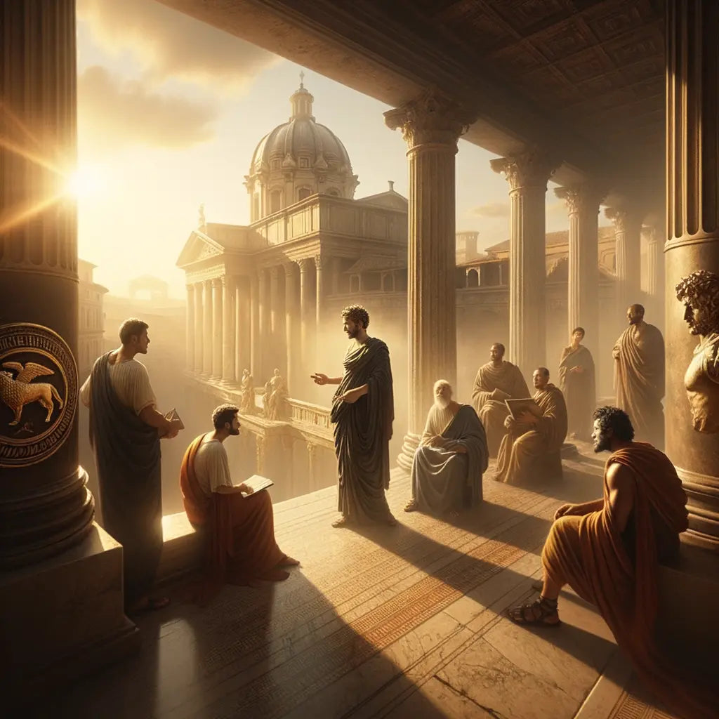Marcus Aurelius in philosophical reflection on a marble terrace, surrounded by symbolic jewelry like the Capitoline Wolf Enamel Pin, depicted in a cinematic 1960s Roman historical style.