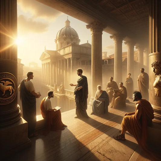 Marcus Aurelius in philosophical reflection on a marble terrace, surrounded by symbolic jewelry like the Capitoline Wolf Enamel Pin, depicted in a cinematic 1960s Roman historical style.