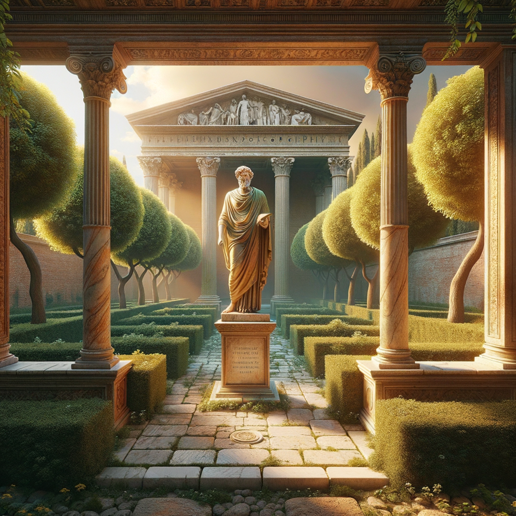 Weathered statue of a philosopher in a serene ancient Roman garden, symbolizing enduring yet flawed teachings, in the style of 1960s historical epics.