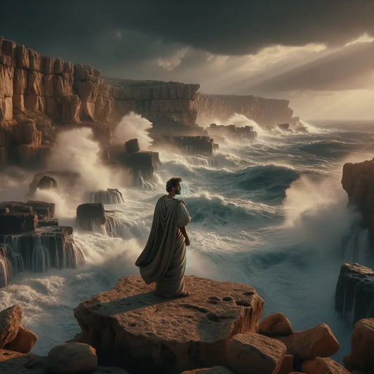 A solitary Roman figure on a rocky shore, overlooking fierce ocean waves in a 1960s historical epic style.