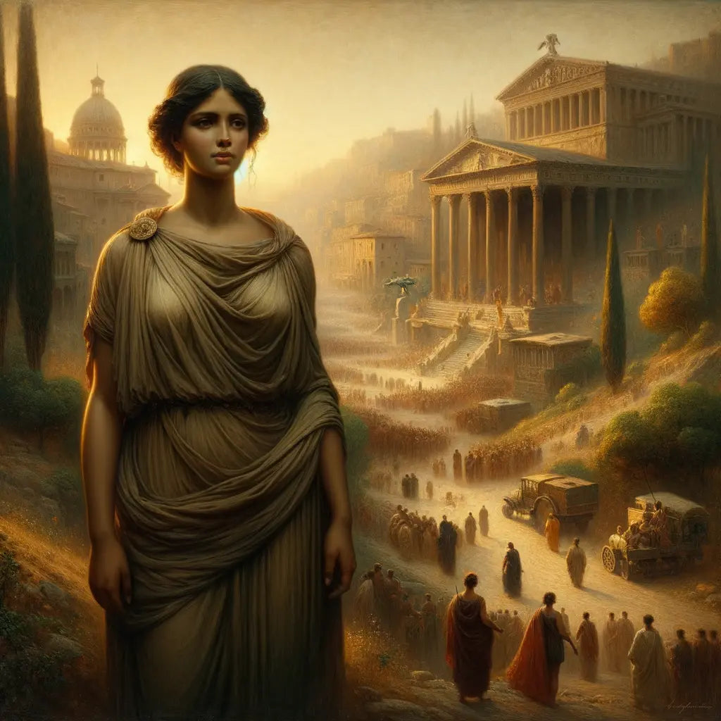 A serene Roman woman in a toga stands elegantly above a busy Roman forum, symbolizing strength and wisdom, in a painting styled like a 1960s historical film.