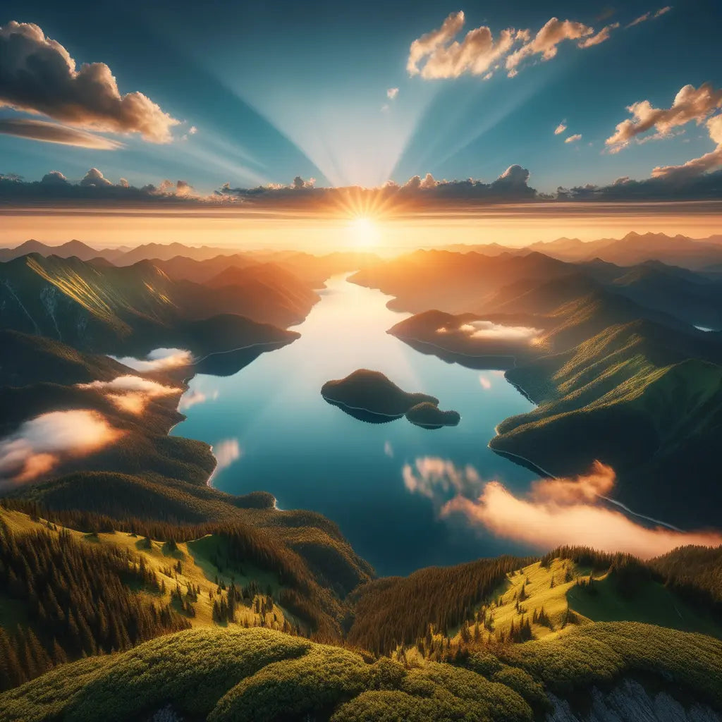 A picturesque dawn landscape with a lake and mountains.