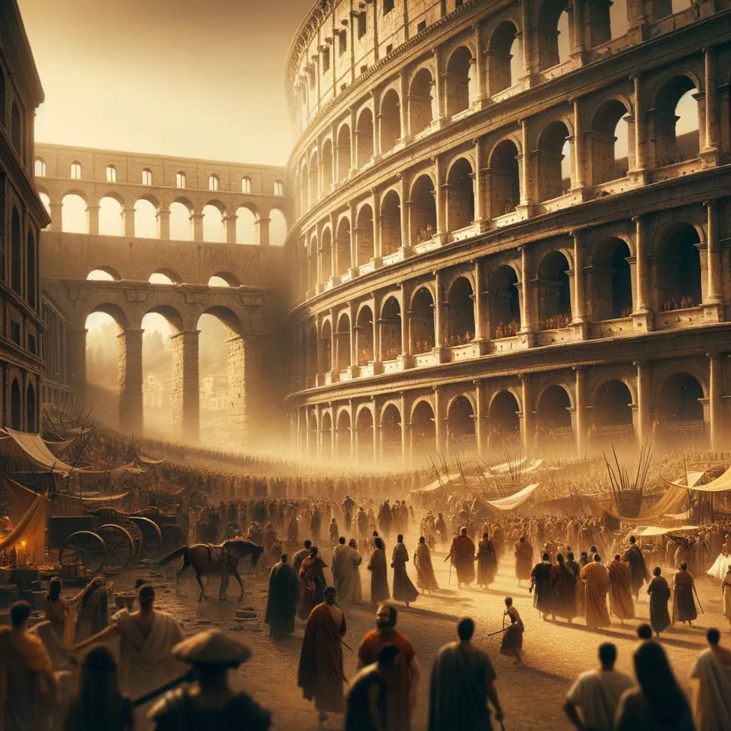 The Roman Colosseum filled with ancient crowds, adjacent to the stretching arches of a Roman aqueduct, evoking the architectural grandeur of Rome in a 1960s historical epic style.