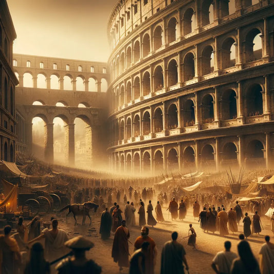 The Roman Colosseum filled with ancient crowds, adjacent to the stretching arches of a Roman aqueduct, evoking the architectural grandeur of Rome in a 1960s historical epic style.