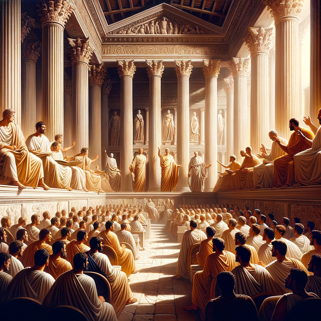 A cinematic representation of the Roman Senate, showcasing a lively debate among senators.