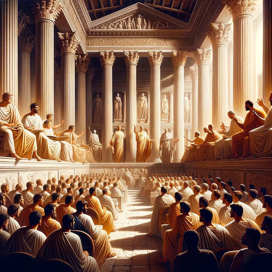 A cinematic representation of the Roman Senate, showcasing a lively debate among senators.