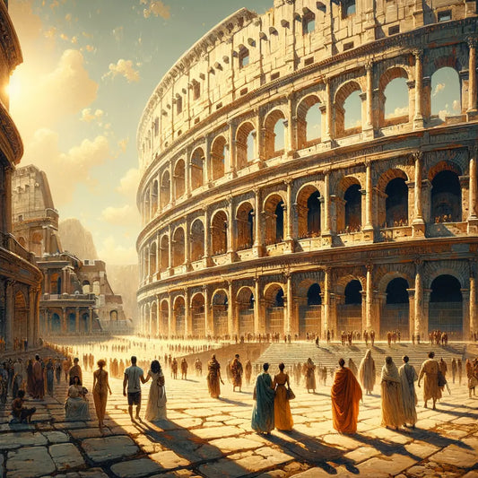 Visitors exploring the Colosseum in daylight, blending history with modern culture, in the style of a 1960s Roman historical epic film.