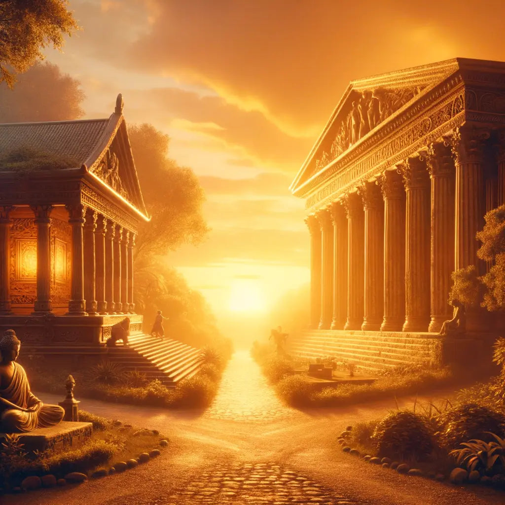 Philosophical crossroad with paths leading to a serene Buddhist temple and an ancient Greek stoa, bathed in sunset light.