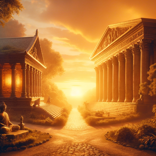 Philosophical crossroad with paths leading to a serene Buddhist temple and an ancient Greek stoa, bathed in sunset light.