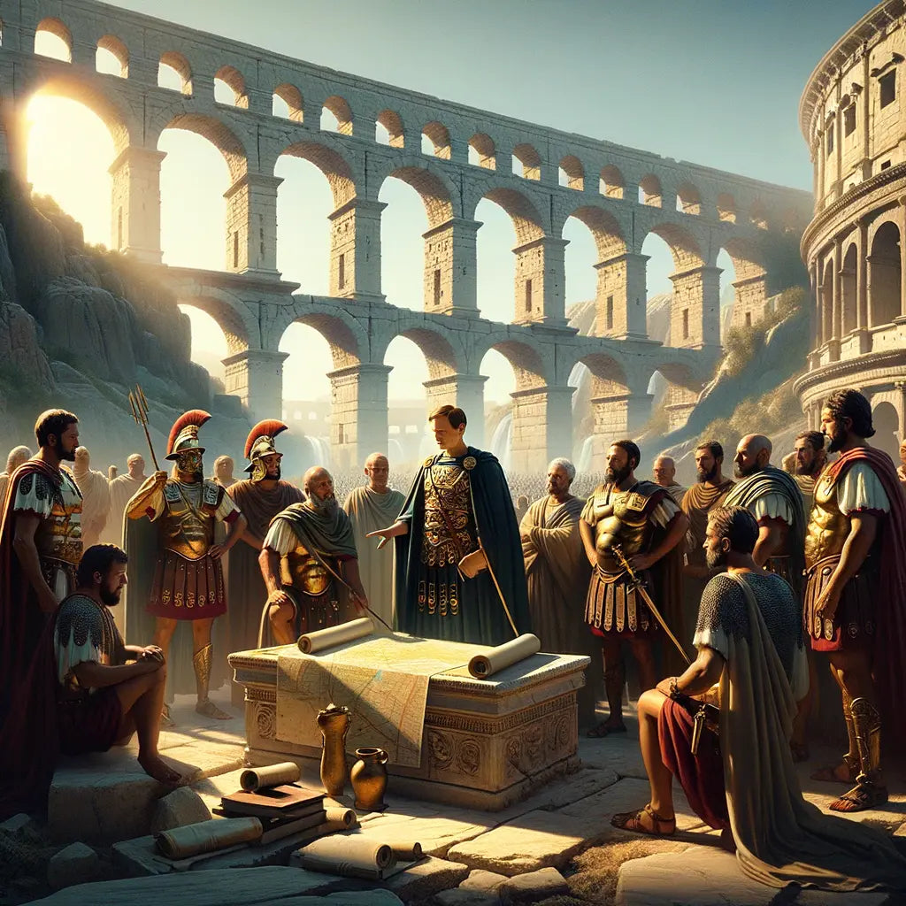 Julius Caesar strategizing with generals amidst Roman engineering marvels like aqueducts and arenas, with Stoic scrolls present, in a style reminiscent of 1960s historical films.