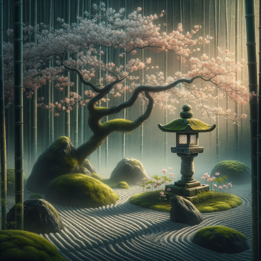 Einzelner Kirschblütenzweig über einem Zen-Garten aus geharktem Kies mit einem moosbedeckten Steinlaterne — minimalistisch, elegant und kulturell inspiriert.