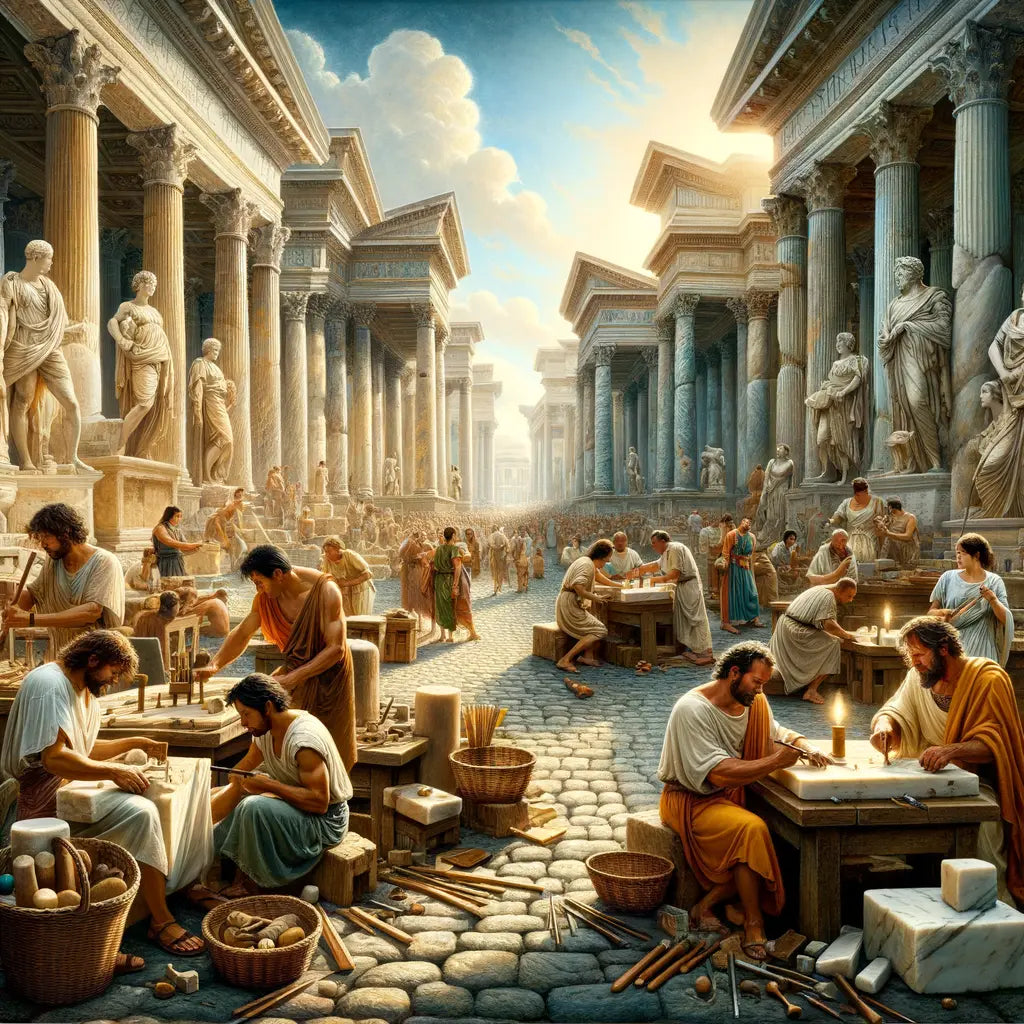 Bustling ancient Roman street with artisans crafting sculptures and citizens walking by, in the style of 1960s historical epics.