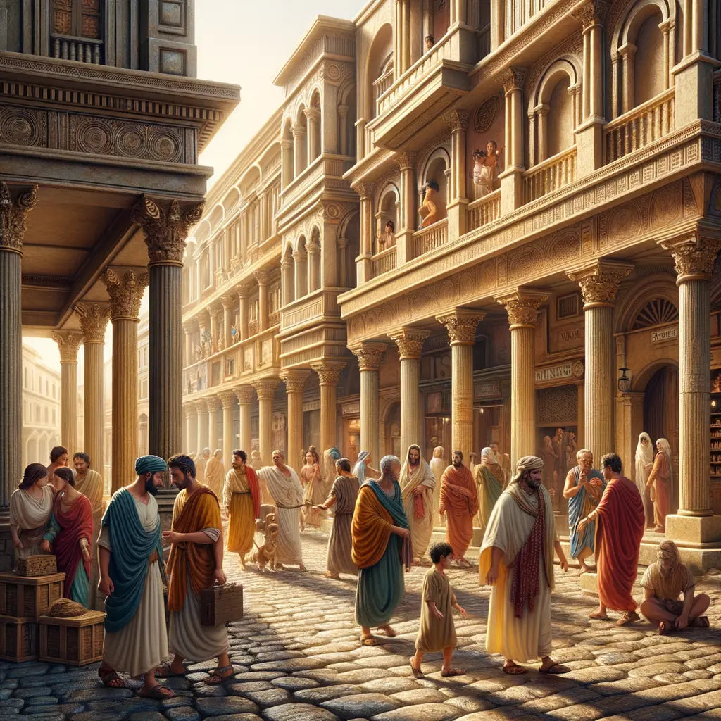 Ancient Roman street scene with citizens in diverse tunics, surrounded by urban architecture, in a style similar to 1960s historical films.