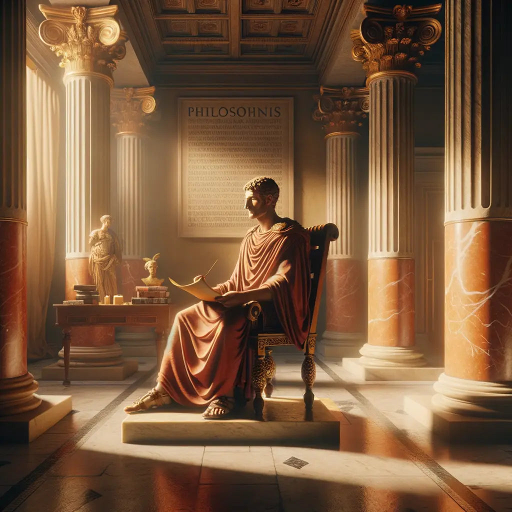Marcus Aurelius sitting with a scroll in a Roman villa interior, embodying stoic philosophy and regal elegance in a classical setting.