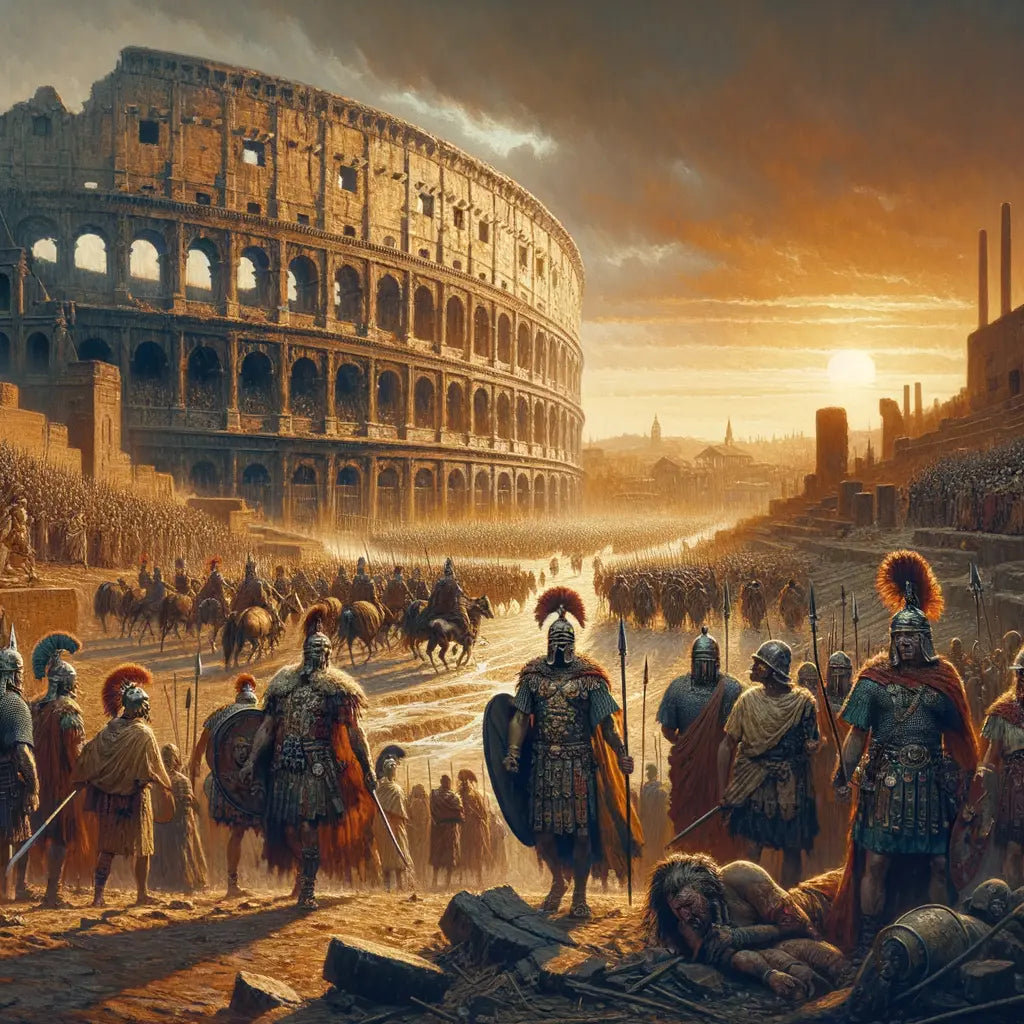 Depiction of Rome's fall with Germanic tribes marching and a ruined coliseum, in the style of classic historical films.