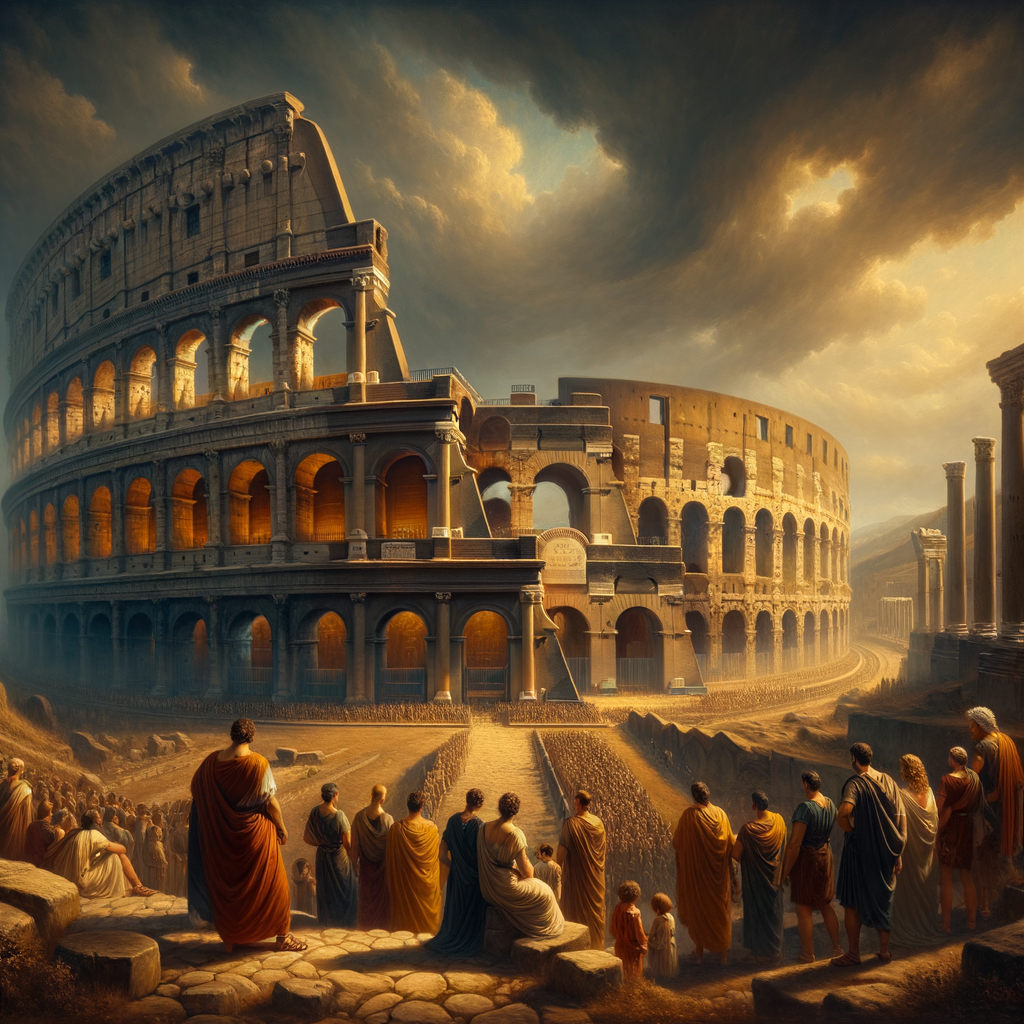 Majestic ruins of the Roman Colosseum under a dramatic sky, reflecting historical grandeur, inspired by 1960s epics.