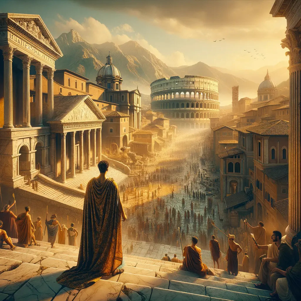 A cinematic painting of ancient Rome at its zenith, showing grand architecture and bustling streets filled with citizens and merchants, inspired by 1960s historical epics.