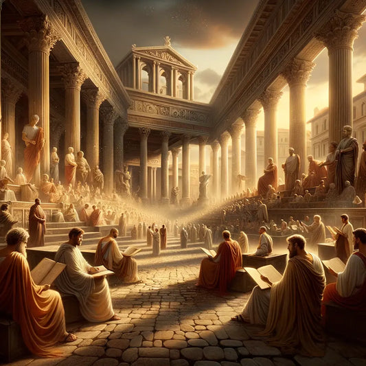 Roman philosophers in a bustling forum, poised amidst chaos, inspired by 1960s historical epics.