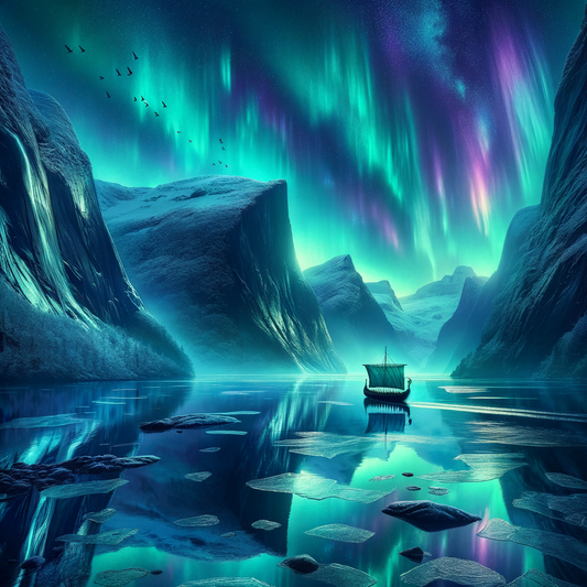 Northern Lights over a fjord with a silhouette of a Viking longship, capturing Nordic mystique in a 1960s epic film style.