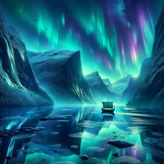 Northern Lights over a fjord with a silhouette of a Viking longship, capturing Nordic mystique in a 1960s epic film style.