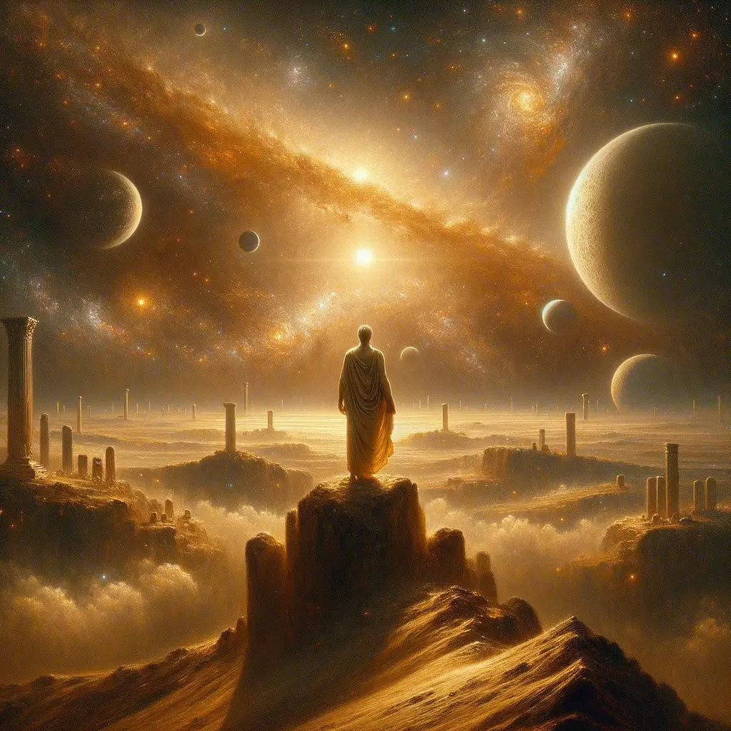 A Roman philosopher in a toga stands gazing at the cosmic landscape, symbolizing Stoic harmony with nature, inspired by 1960s historical epics.