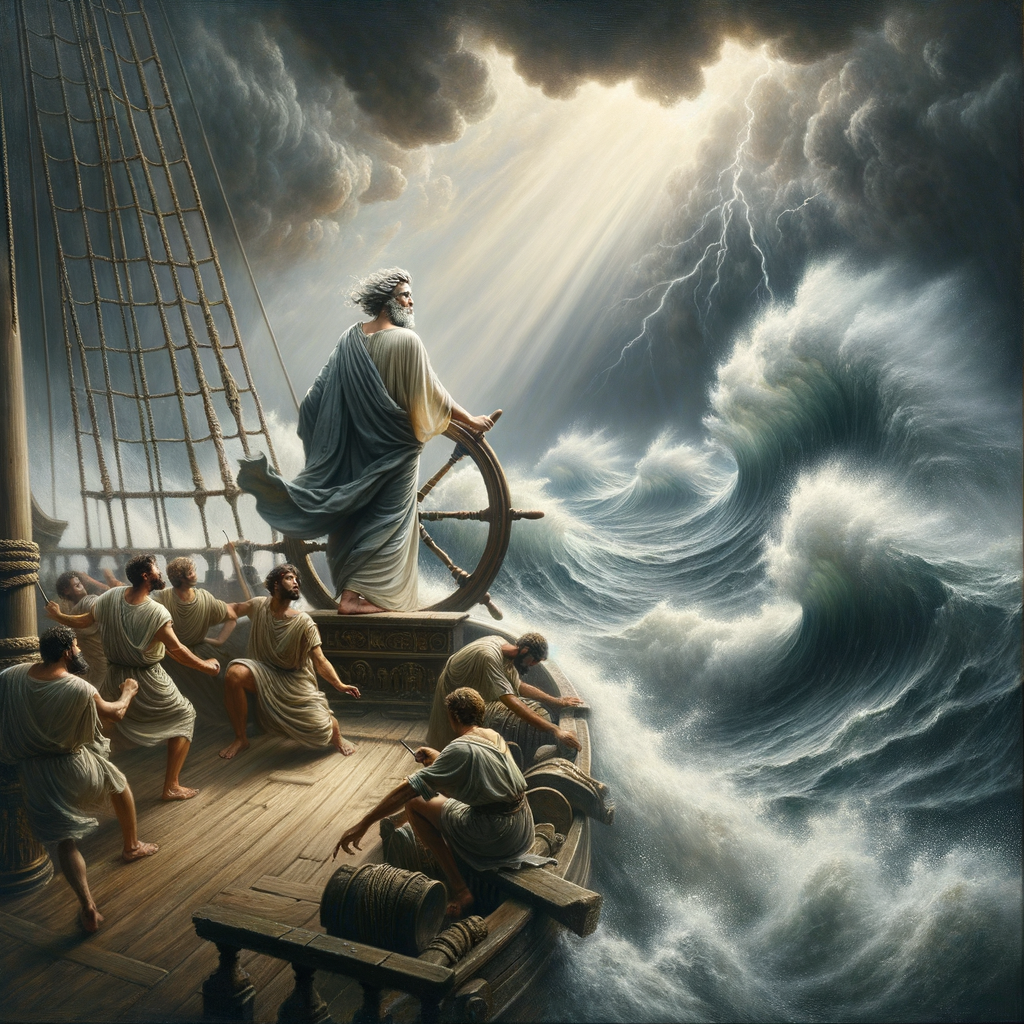 Ancient philosopher calmly steering a Roman ship through a stormy sea, embodying control amid chaos, in the style of a 1960s historical epic film.