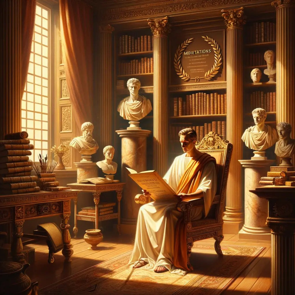 A sophisticated figure, reminiscent of Hannibal Lecter, reading 'Meditations' by Marcus Aurelius in a Roman-inspired study, framed by scrolls and warm sunlight.