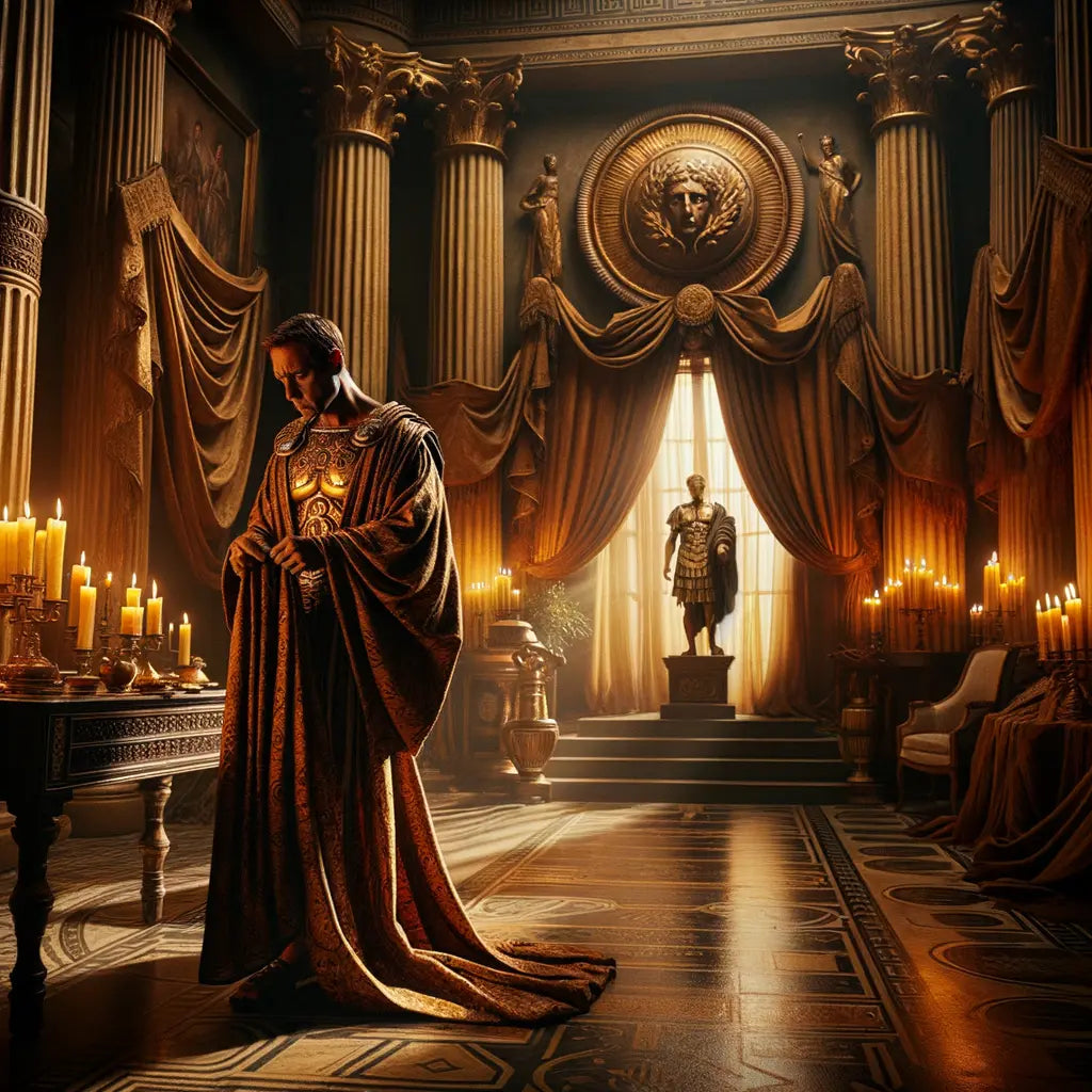 Julius Caesar in a Roman-style room examining his wardrobe, with candlelit shadows, inspired by 1960s historical film style.
