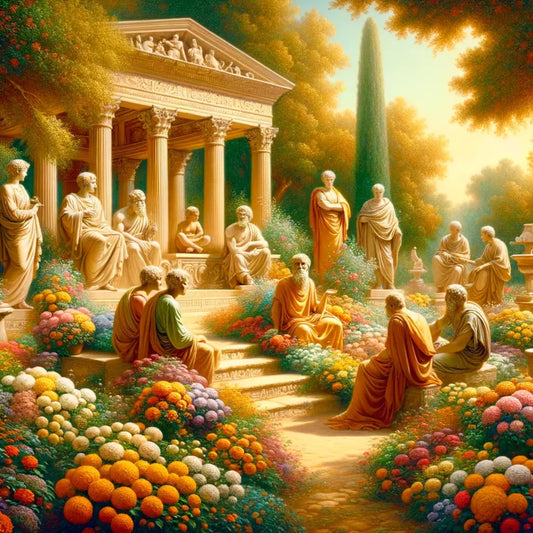 Serene Roman garden with blooming flowers and philosophers in togas, evoking Marcus Aurelius's teachings on virtue and peace, inspired by classic 1960s historical films.
