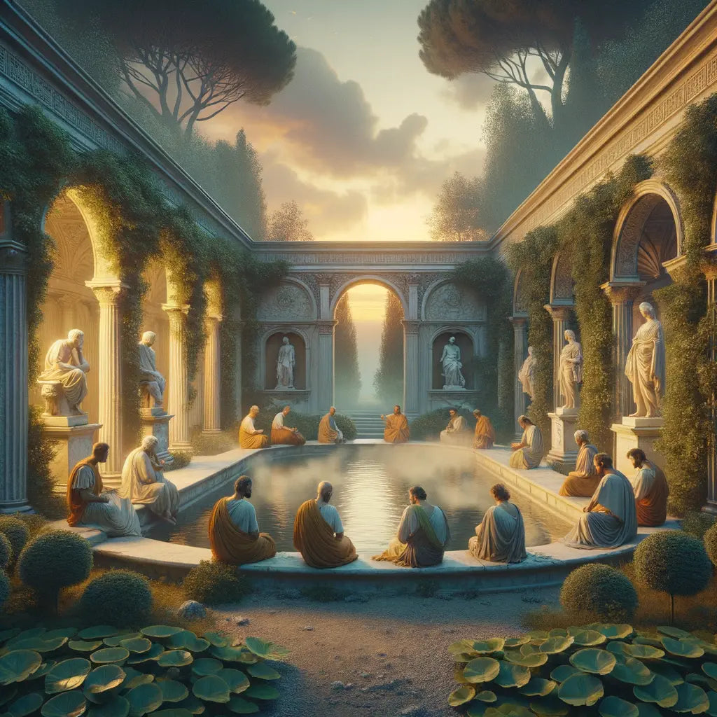 Ancient Roman garden at twilight with philosophers, inspired by Marcus Aurelius' Stoic peace, in a 1960s historical epic style.