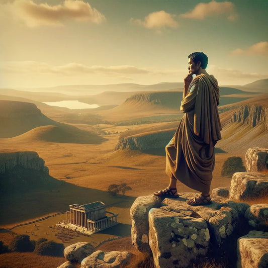 A lone philosopher in a toga stands contemplatively on a mountaintop, overlooking a vast landscape, embodying stoic wisdom, in a setting inspired by 1960s historical epics.