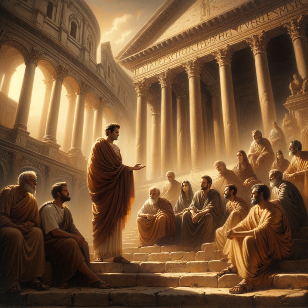 Marcus Aurelius engaged in philosophical discussion with early Christians against a backdrop of Roman architecture, inspired by 1960s historical epics.