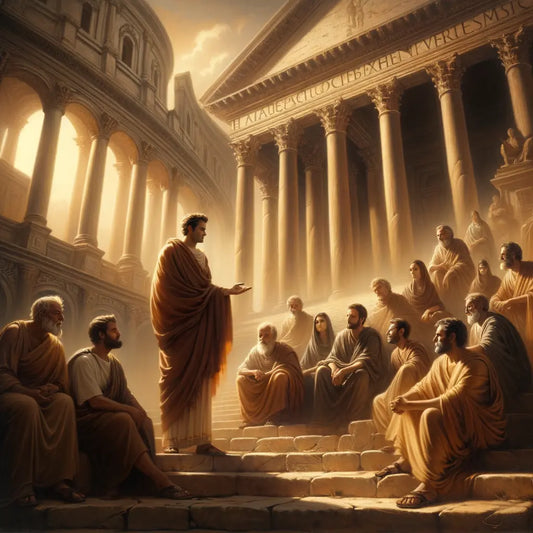 Marcus Aurelius engaged in philosophical discussion with early Christians against a backdrop of Roman architecture, inspired by 1960s historical epics.