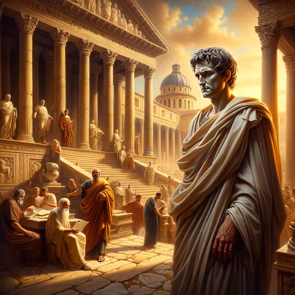Marcus Aurelius thoughtfully posed against the backdrop of ancient Rome, symbolizing Stoic philosophy and early Christianity.