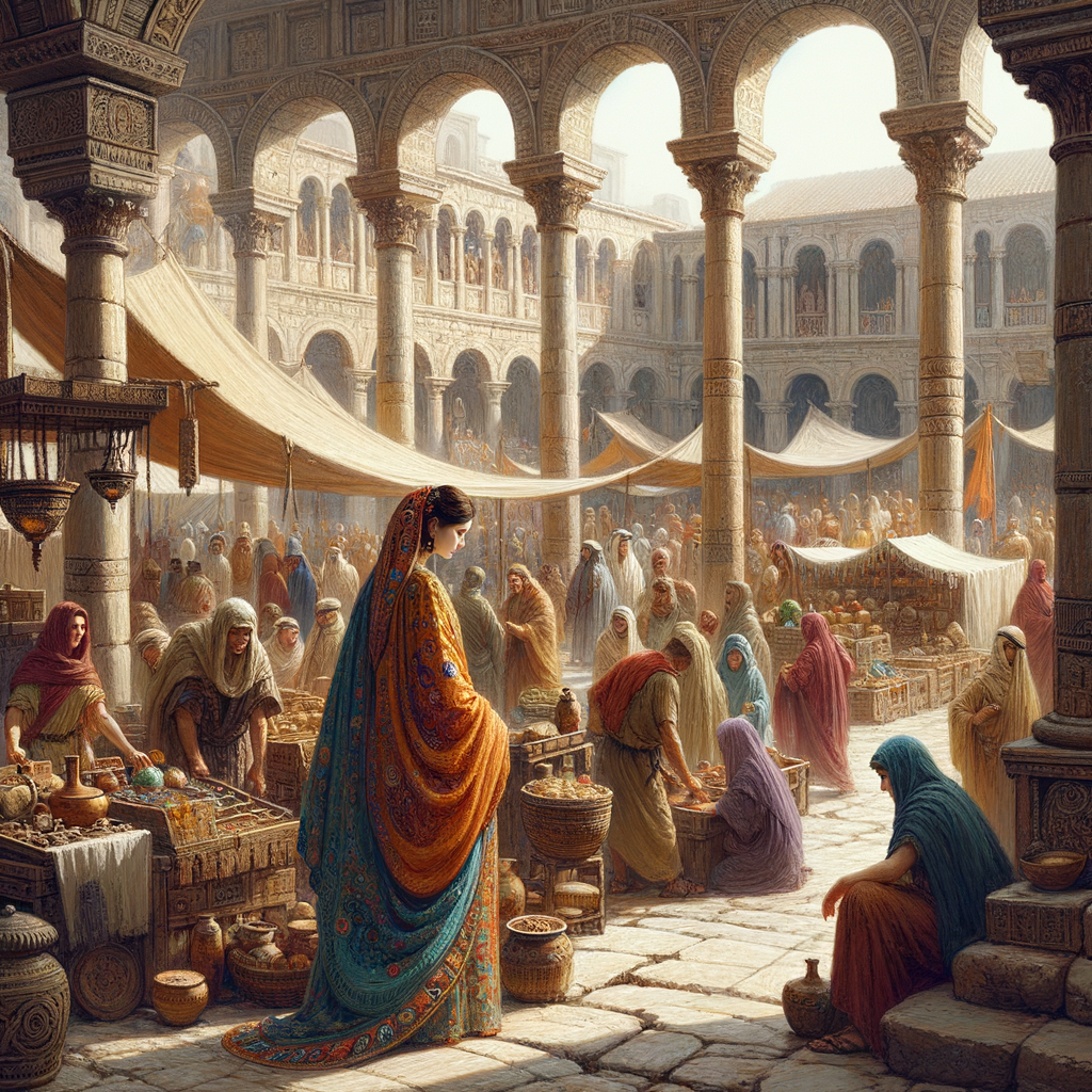 Roman woman in stola standing in a bustling ancient marketplace, richly detailed in the style of 1960s historical films.
