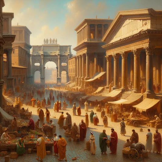 Bustling ancient Roman street with citizens in colorful togas amidst grand architecture, capturing societal diversity in a 1960s cinematic style.