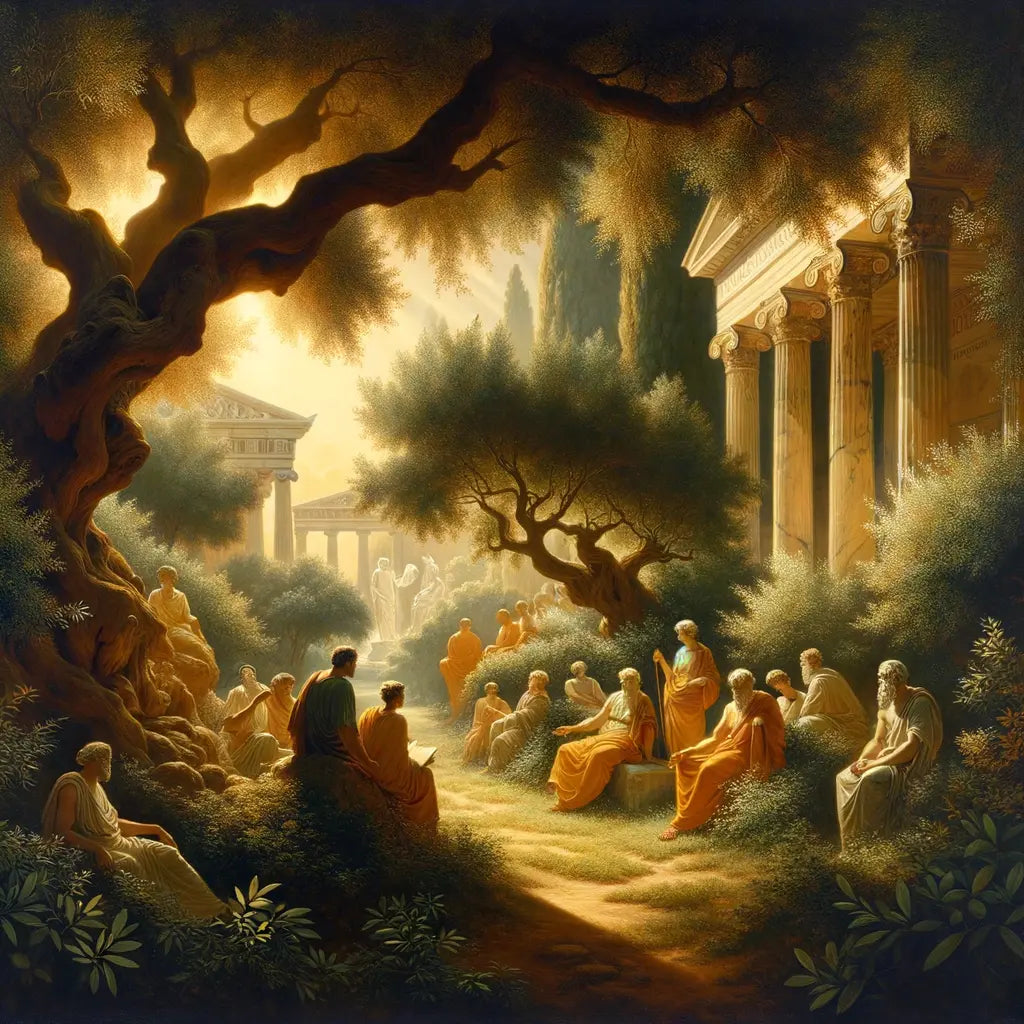 Epicurus and other philosophers in a serene Athenian garden, engaged in thoughtful dialogue under an ancient olive tree, painted in the style of a 1960s historical epic.