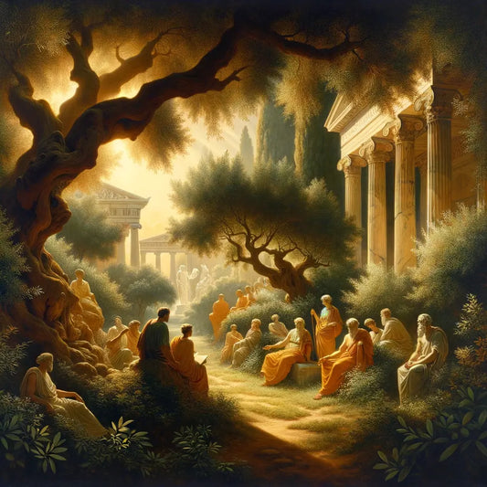 Epicurus and other philosophers in a serene Athenian garden, engaged in thoughtful dialogue under an ancient olive tree, painted in the style of a 1960s historical epic.