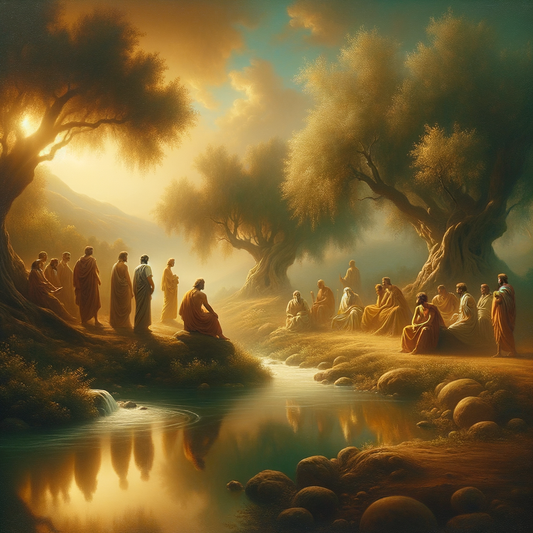 Ancient philosophers discussing in a tranquil landscape, surrounded by symbols of life and nature, inspired by 1960s historical epics.