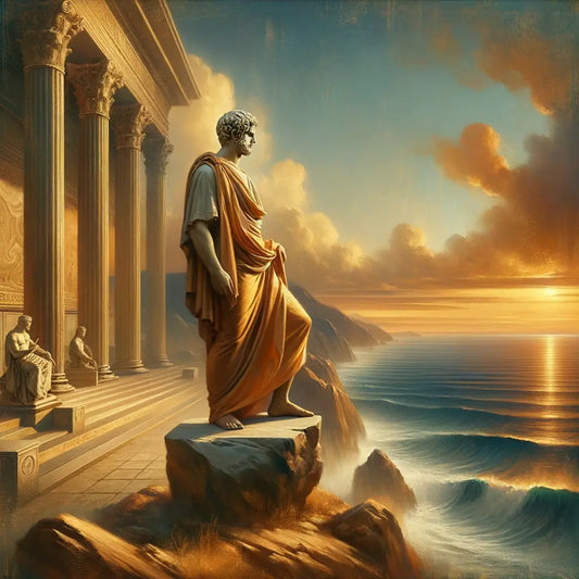 Classical Roman philosopher sculpture with serene seascape backdrop in 1960s epic film style.