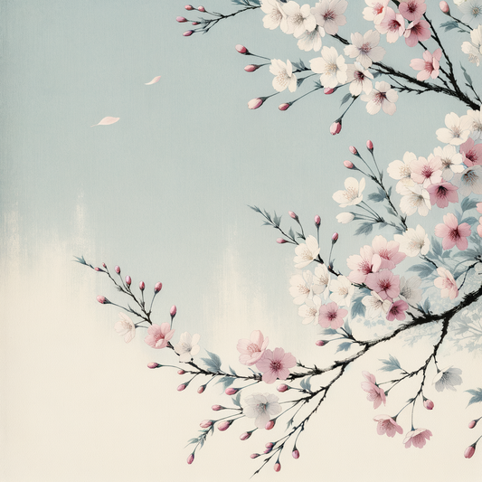 Sakura-Kirschblüten in voller Blüte mit sanft flatternden rosa Blütenblättern unter klarem blauem Himmel – minimalistisch, ruhig und kulturell inspiriert.