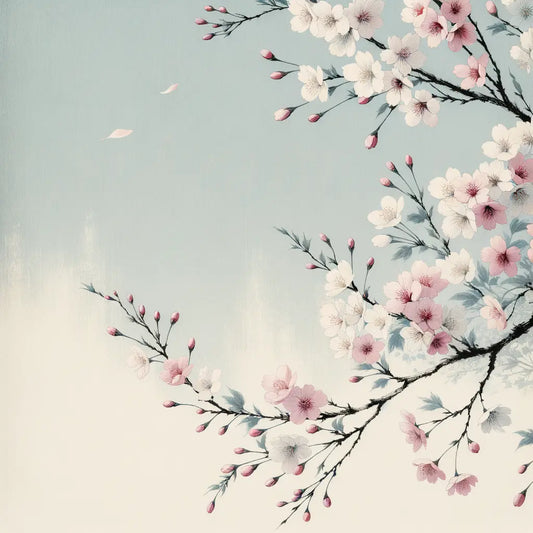 Sakura-Kirschblüten in voller Blüte mit sanft flatternden rosa Blütenblättern unter klarem blauem Himmel – minimalistisch, ruhig und kulturell inspiriert.
